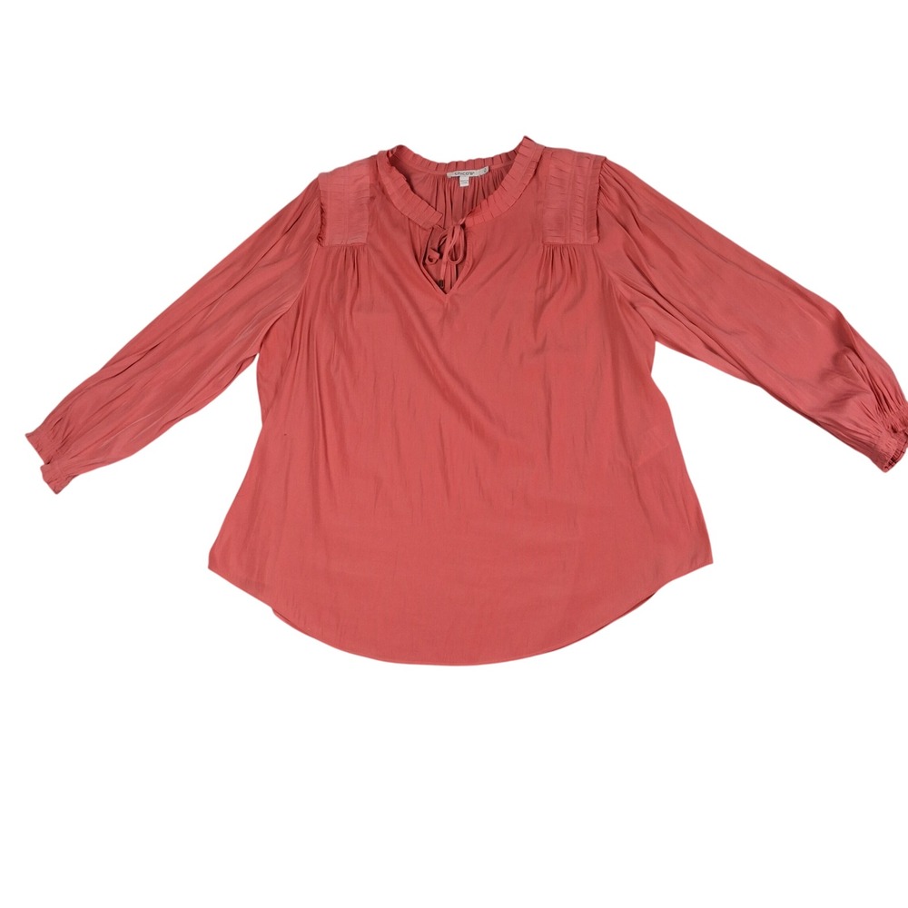 Chico's Blouse Womens 3 US 16 Coral Pink Ruffle Neck Tie Front Pleated Top